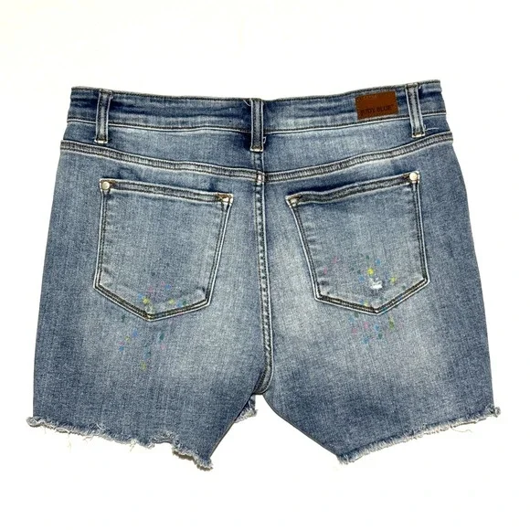 Judy Blue Womens Shorts Lg Distressed Denim Rainbow Paint Splatter Frayed Hem - Picture 3 of 10